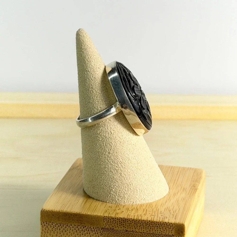Vintage Onyx Black Sterling Silver Carved Floral Statement Ring Victorian Goth